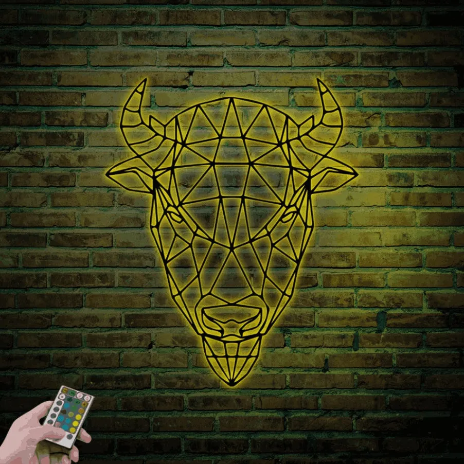 Bison Buffalo Metal Wall Art With Led Lights, Geometric Buffalo Sign Decoration For Room, Buffalo Home Decor, Bison Wall Decor, Bison Wall Art