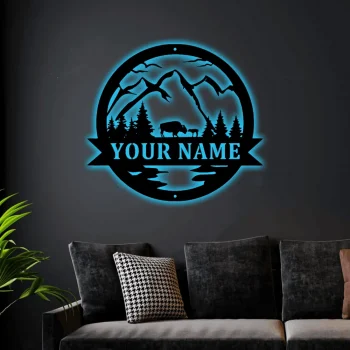 Bison With Led Lights Sign, Bison Decor, Bison Gift, Bison Camp Sign, Christmas Gift For Him, Bison Name Metal Sign, Fathers Day Gift