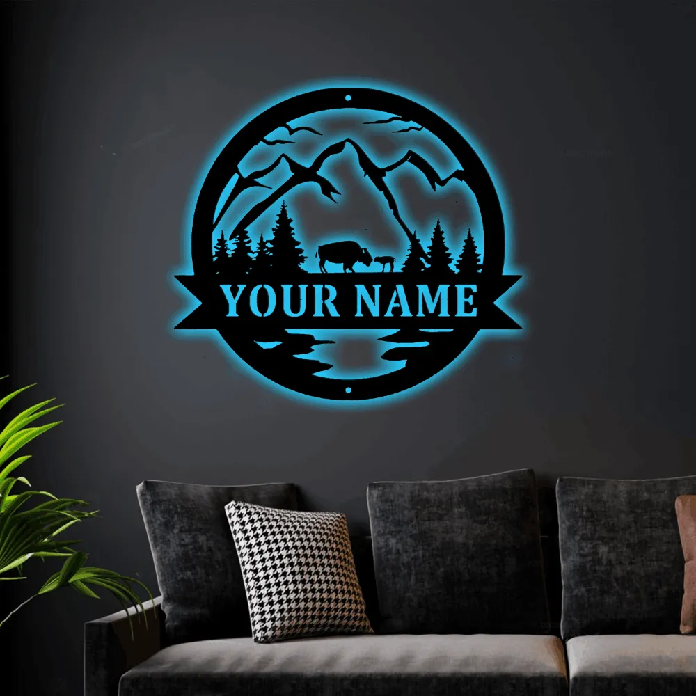 Bison With Led Lights Sign, Bison Decor, Bison Gift, Bison Camp Sign, Christmas Gift For Him, Bison Name Metal Sign, Fathers Day Gift