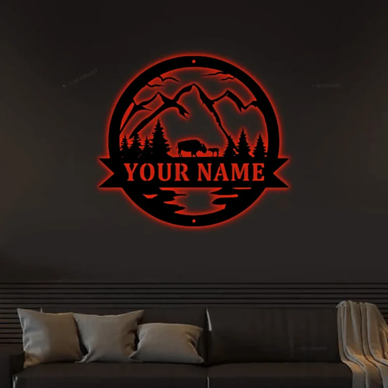 Bison With Led Lights Sign, Bison Decor, Bison Gift, Bison Camp Sign, Christmas Gift For Him, Bison Name Metal Sign, Fathers Day Gift