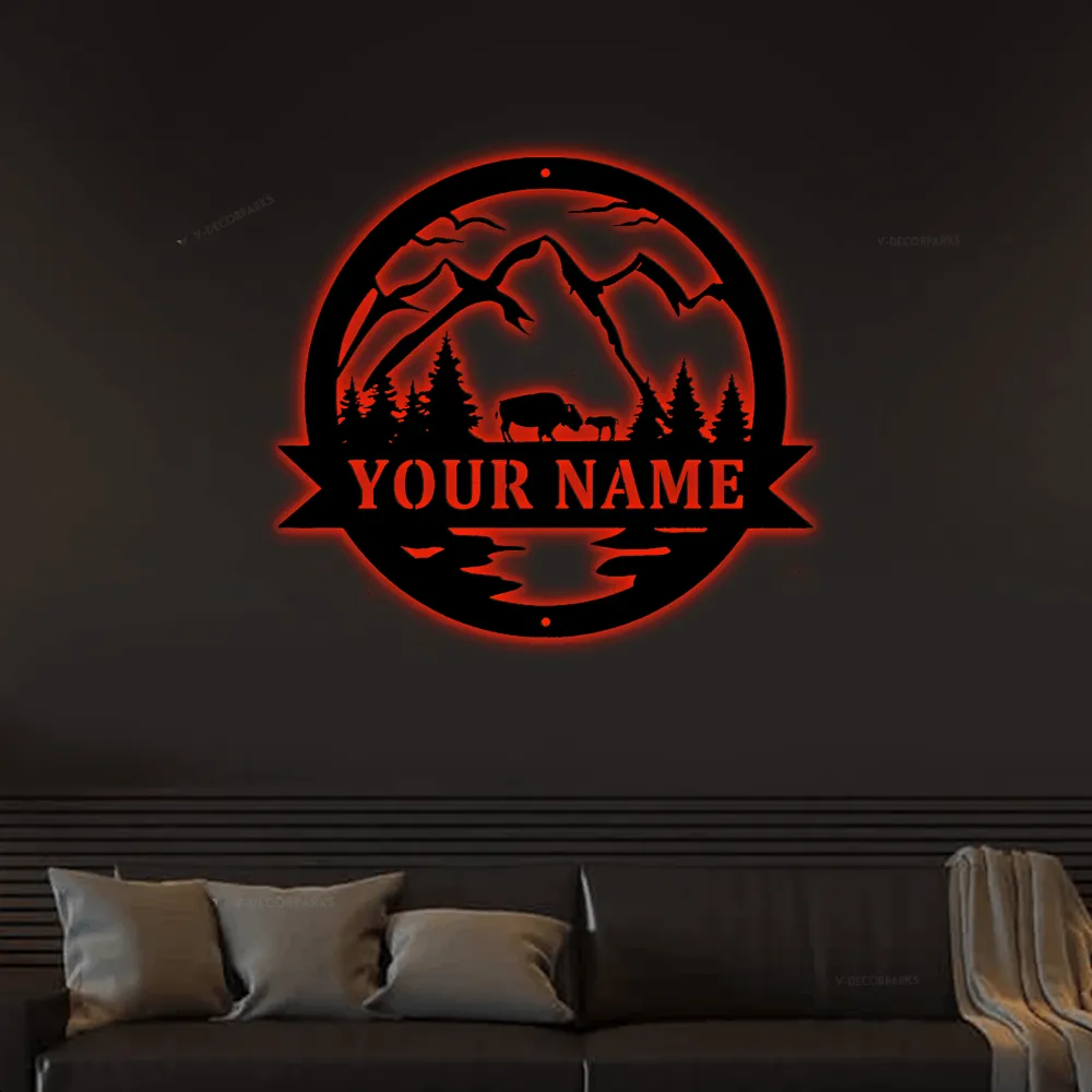 Bison With Led Lights Sign, Bison Decor, Bison Gift, Bison Camp Sign, Christmas Gift For Him, Bison Name Metal Sign, Fathers Day Gift