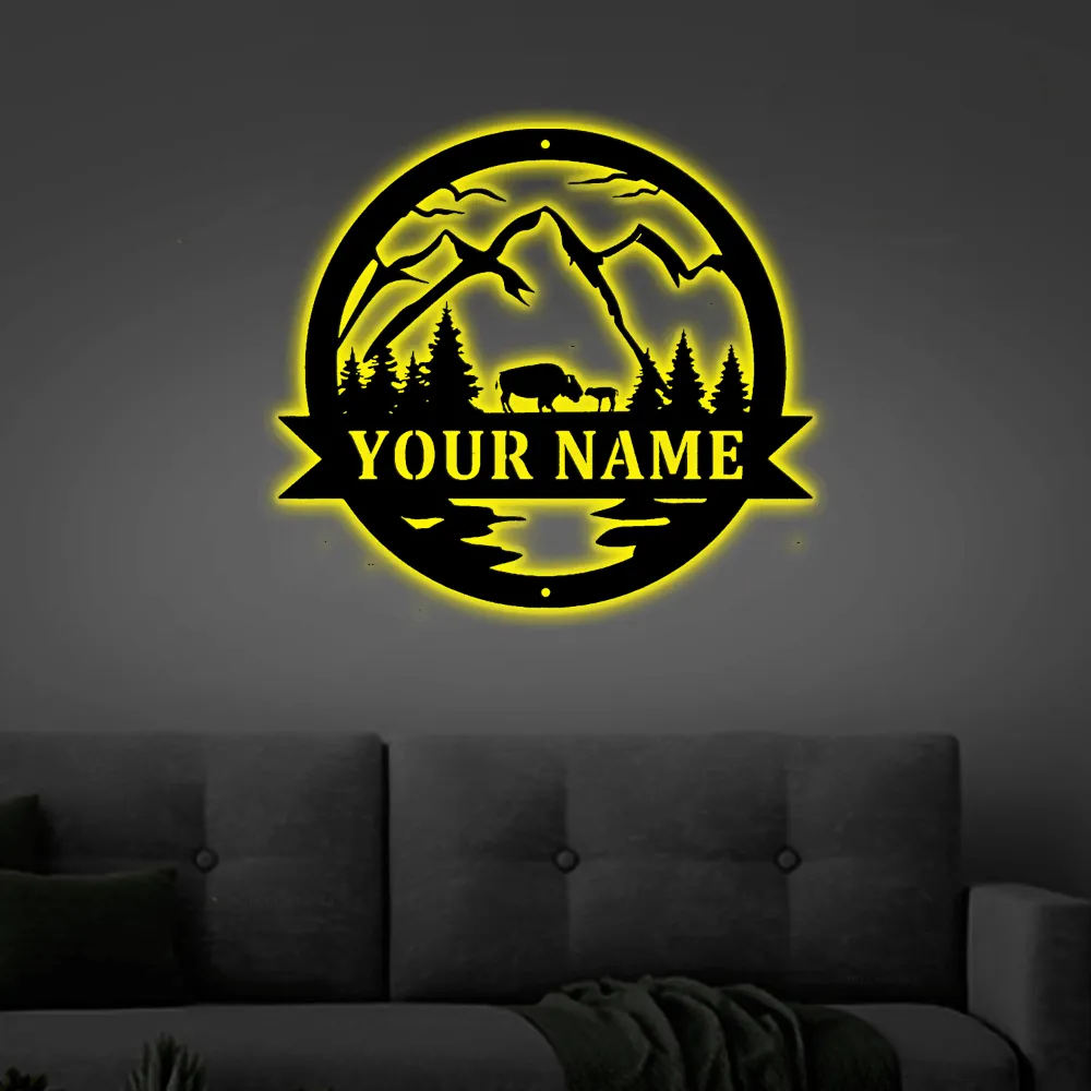 Bison With Led Lights Sign, Bison Decor, Bison Gift, Bison Camp Sign, Christmas Gift For Him, Bison Name Metal Sign, Fathers Day Gift