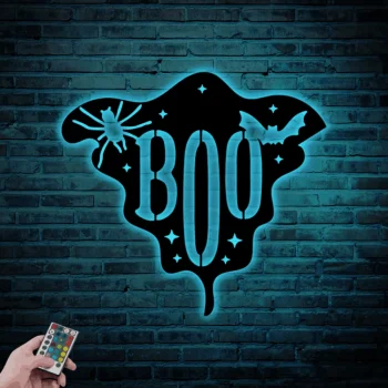 Boo Sign Custom Halloween Sign With Led Lights, Front Porch Sign, Trick Or Treat Sign, Halloween Metal Sign, Outdoor Metal Sign, Steel Halloween Sign