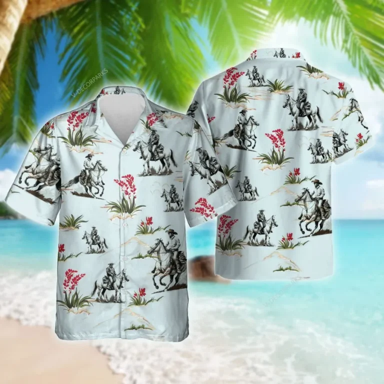 Western Cowboy And Wild Flower Hawaiian Shirt, Cowboy Hawaiian Style Shirt, Button Vintage Aloha Hawaii Shirt, Short Sleeve Button Down Aloha Shirt