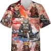 Samurai Cat And Cherry Blossom Hawaiian Shirt For Men Women, Cat Warrior Casual Button Down Short Sleeve Hawaiian Shirts, Gift For Cat Lovers