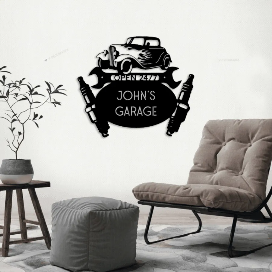 Custom Garage With Led Lights Sign, Workshop Personalized Sign, Steel Tool Wall Decor, Gift For Garage Owner Hot Rod Mechanic Monogram