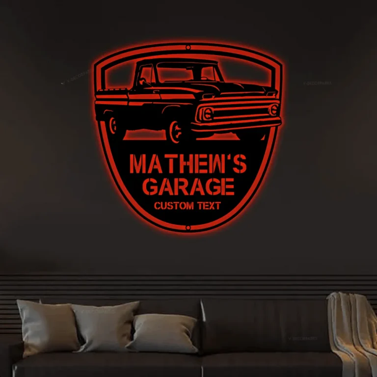 Customize Car Garage Led Lights Sign Monogram, Steel Sign, Personalize Garage Wall Art Decor Classic Car 1965 Wall Art Home Decor