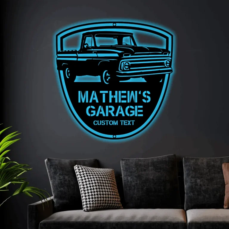 Customize Car Garage Led Lights Sign Monogram, Steel Sign, Personalize Garage Wall Art Decor Classic Car 1965 Wall Art Home Decor