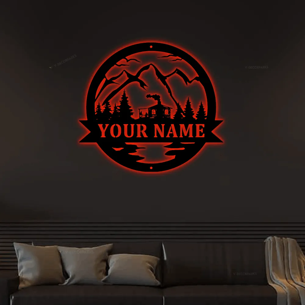 Cabin Decor, Cabin With Led Lights Sign, Camp Sign, Christmas Gift For Him, Metal Name Sign, Fathers Day, Cabin Decor, Cabin Metal Sign