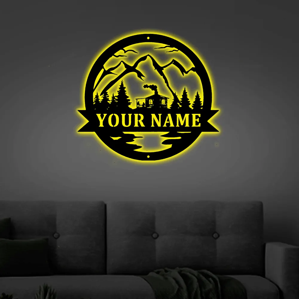 Cabin Decor, Cabin With Led Lights Sign, Camp Sign, Christmas Gift For Him, Metal Name Sign, Fathers Day, Cabin Decor, Cabin Metal Sign