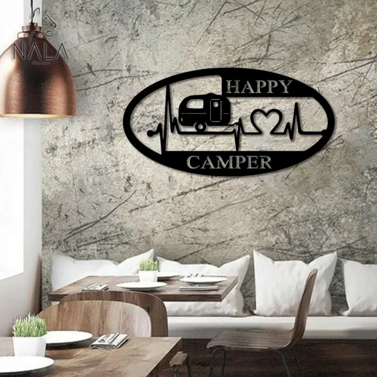 Happy Camper Heart Beat Metal Sign, Camping Wall Art, Living Room Wall Hanging Decor, Home Decoration, Housewarming Gift