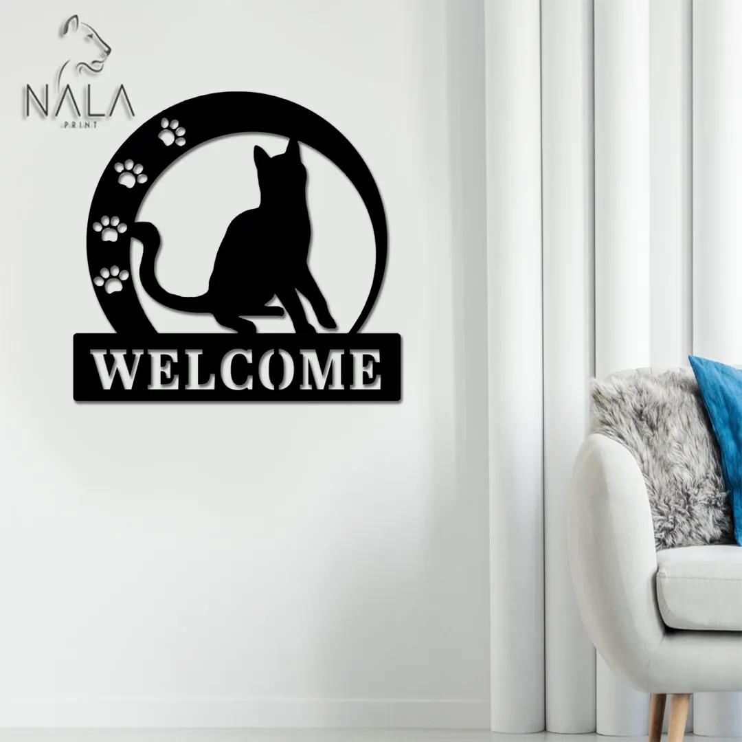 Cat_2520Sign2_644fcc05-6d3a-49d6-8a69-2e77e8d9c986.webp Cat Crescent Paw Moon Welcome Metal Sign, Cat Wall Art Decor, Living Room Metal Wall Art, Perfect Gift For Cat Lovers