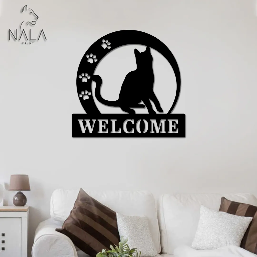 Cat_2520Sign3_913c3a42-cb6f-4fd6-b8b3-fa83171cbe79.webp Cat Crescent Paw Moon Welcome Metal Sign, Cat Wall Art Decor, Living Room Metal Wall Art, Perfect Gift For Cat Lovers