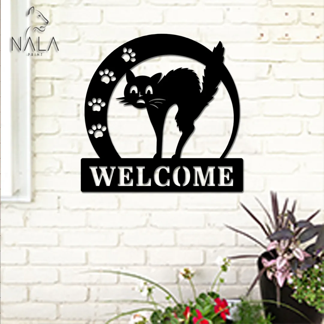 Cat_2520Welcome_2520Sign2_3da5613a-f949-4bca-a4ad-65ed596f5a1d.webp Scared Cat Crescent Moon Welcome Cut Metal Sign, Cat Wall Hanging, Metal Wall Art For Cat Lovers