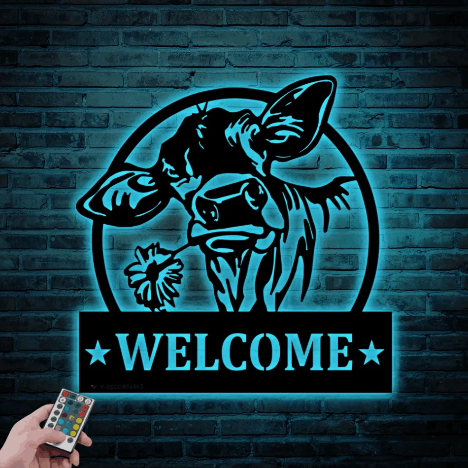 Cow Welcome Metal Led Lights Sign, Custom Cow Metal Cow Sign, Cow Farm Sign, Cow Ranch Decor, Cows Gift, Cow Farmhouse Decor, Cow Farmer Sign