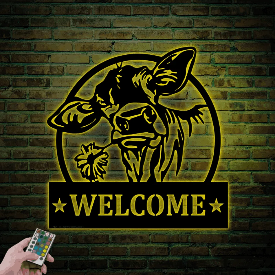 Cow Welcome Metal Led Lights Sign, Custom Cow Metal Cow Sign, Cow Farm Sign, Cow Ranch Decor, Cows Gift, Cow Farmhouse Decor, Cow Farmer Sign