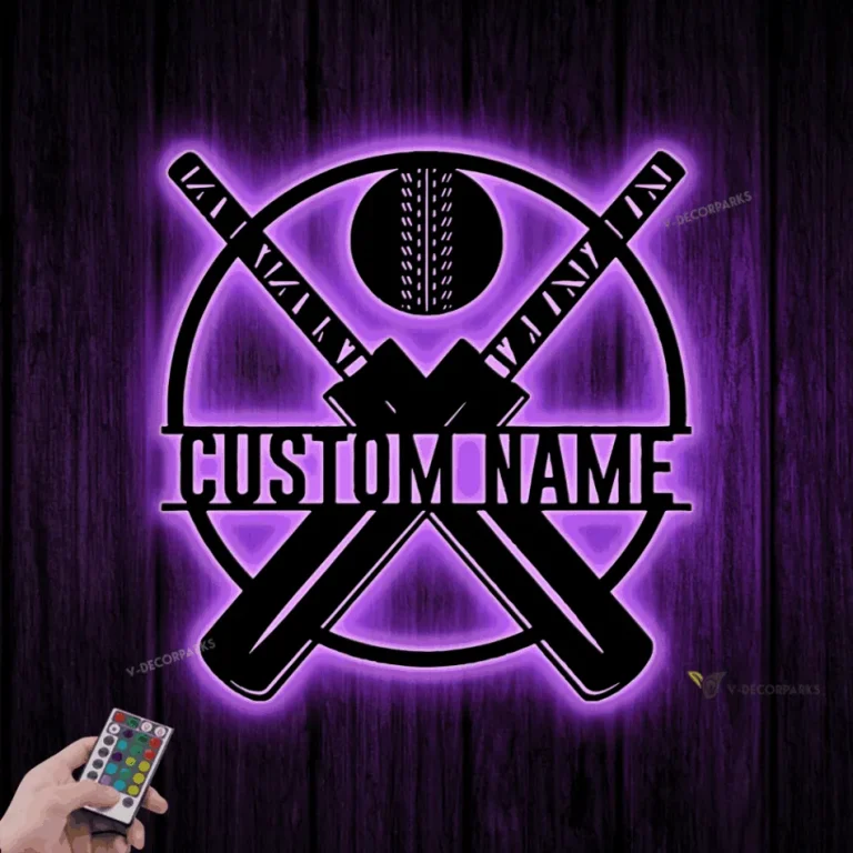 Custom Ball Cricket Bat Metal Wall Art Led Light, Cricket Wall Art, Personalized Cricket Player Name Sign, Home Decor, Man Cave Wall Hanging