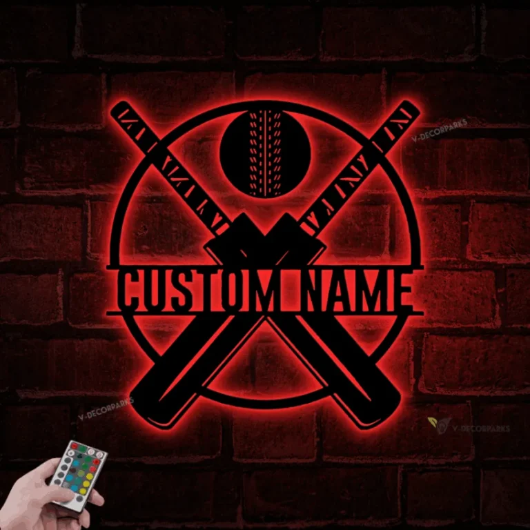 Custom Ball Cricket Bat Metal Wall Art Led Light, Cricket Wall Art, Personalized Cricket Player Name Sign, Home Decor, Man Cave Wall Hanging