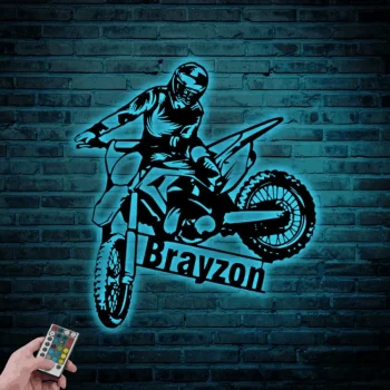 Custom Biker Metal Wall Art With Led Lights, Personalized Motorcycle Name Sign Decoration, Motocross Rider Home Decor Motorcycle Biker Gift