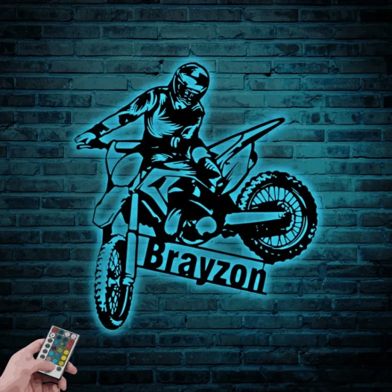 Custom Biker Metal Wall Art With Led Lights, Personalized Motorcycle Name Sign Decoration, Motocross Rider Home Decor Motorcycle Biker Gift