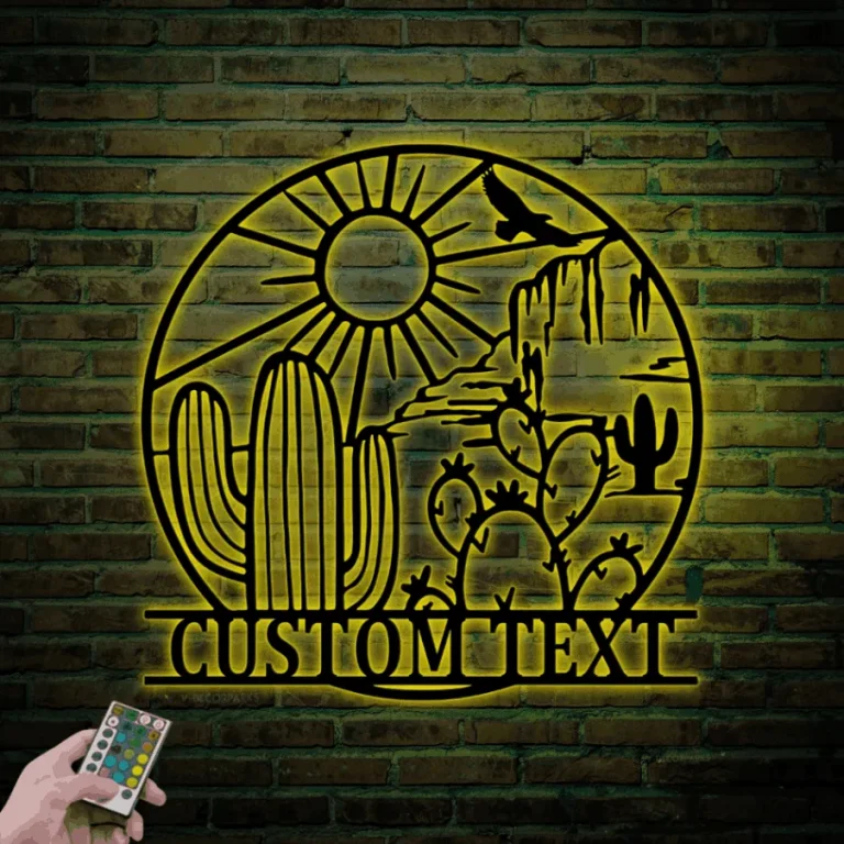 Custom Cactus Desert Mountain Metal Sign Led Lights, Personalized Southwest Desert Name Sign Home Decor Saguaro Cactus Decoration Birthday