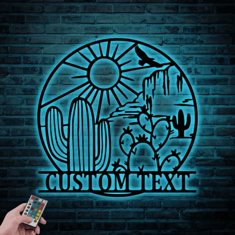 Custom Cactus Desert Mountain Metal Sign Led Lights, Personalized Southwest Desert Name Sign Home Decor Saguaro Cactus Decoration Birthday