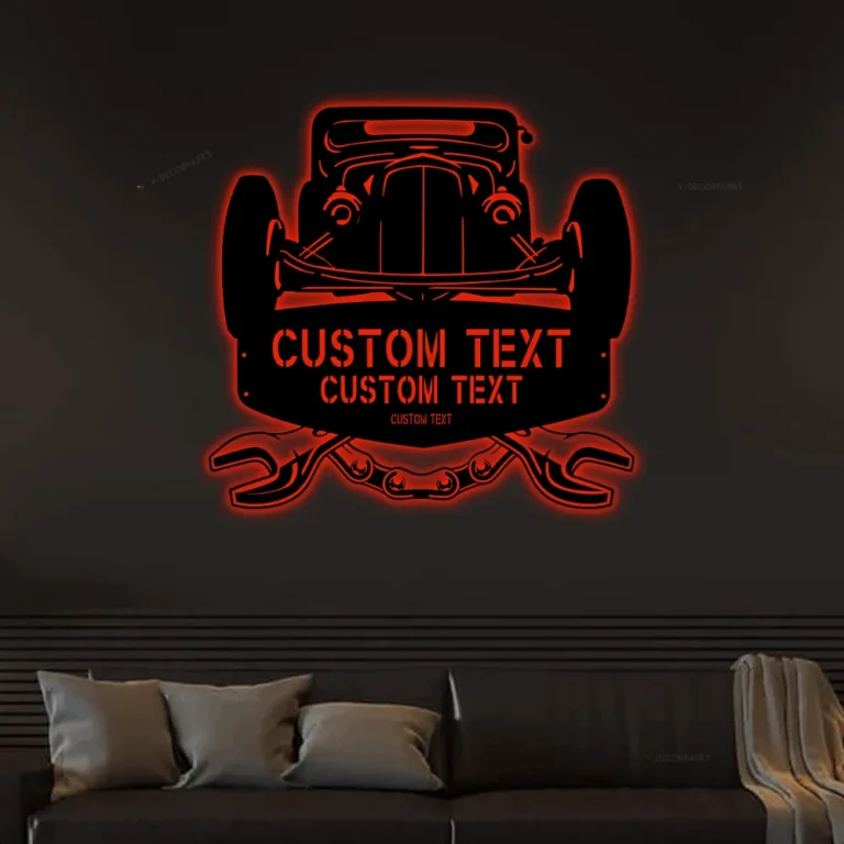 Custom Car Steel Sign, Led Lights, Personalized Hot Rod Garage Sign Car Monogram Wall Art Decor Gift For Dad Garage Wall Art Decor