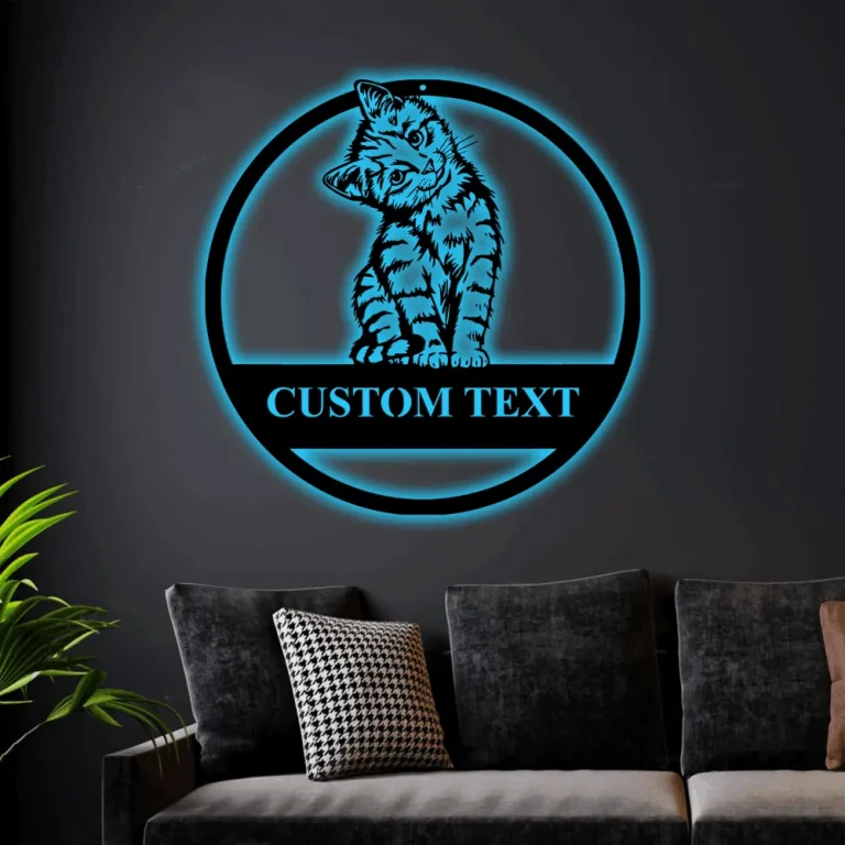 Custom Cat Metal Led Lights Sign, Kitten Welcome Sign, Personalized Metal Sign