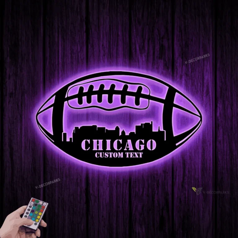 Custom Chicago Skyline American Football Metal Wall Art Led Light, Personalized Player Name Sign, Chicago Skyline Wall Art, Home Decor