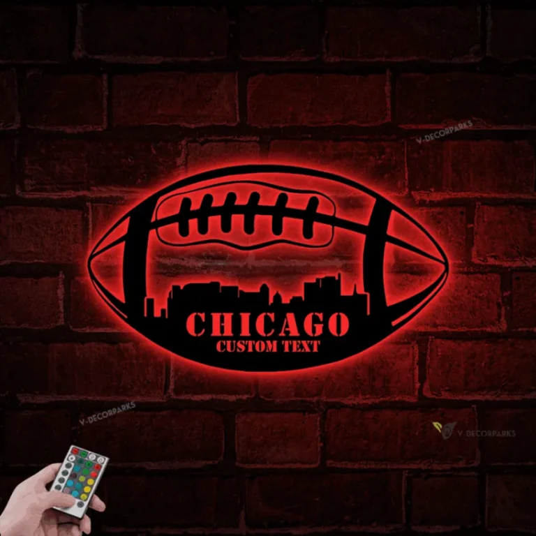 Custom Chicago Skyline American Football Metal Wall Art Led Light, Personalized Player Name Sign, Chicago Skyline Wall Art, Home Decor