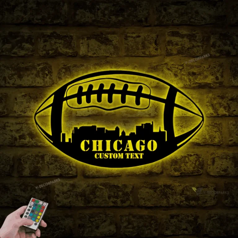 Custom Chicago Skyline American Football Metal Wall Art Led Light, Personalized Player Name Sign, Chicago Skyline Wall Art, Home Decor