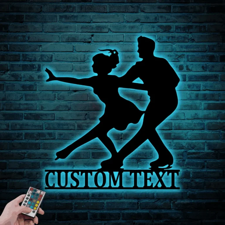 Custom Couple Ice Skaters Metal Sign Led Lights, Personalized Figure Skating Name Sign Decoration Roller Skates Home Decor Valentine Gift