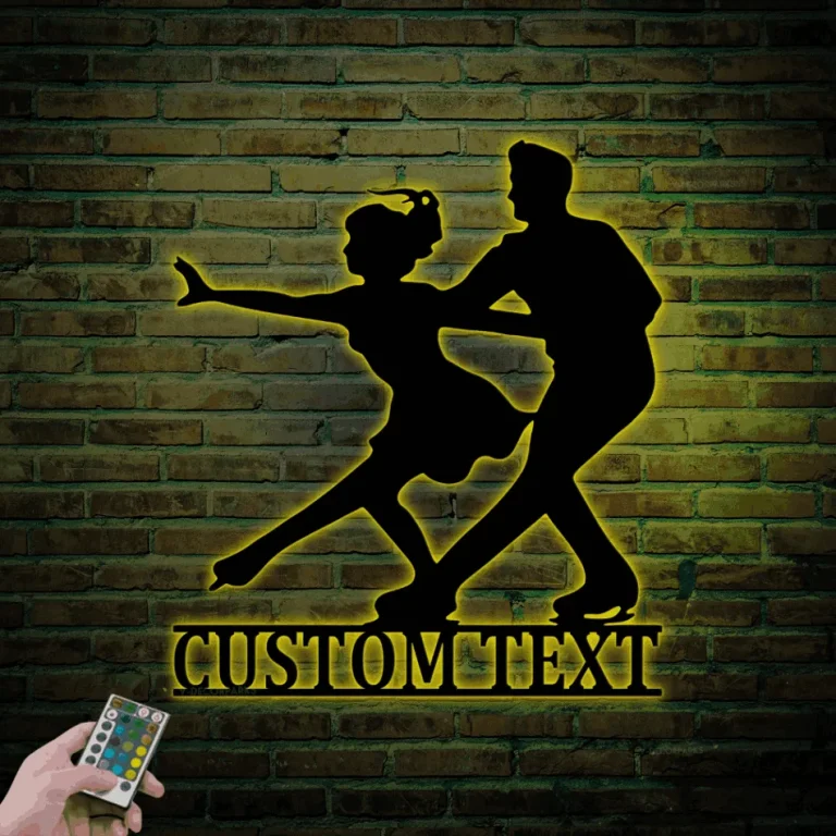 Custom Couple Ice Skaters Metal Sign Led Lights, Personalized Figure Skating Name Sign Decoration Roller Skates Home Decor Valentine Gift