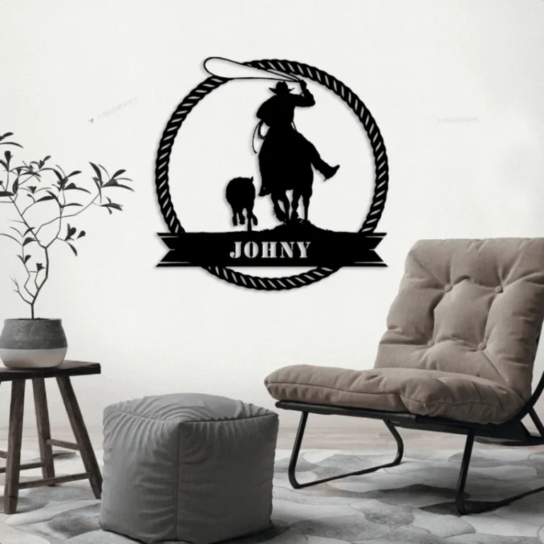 Custom Cowboy Cattle Roping Metal Sign Led Lights, Personalized Tie Down Roper Name Sign Home Decor Calf Roper Decoration Team Bull Rodeo