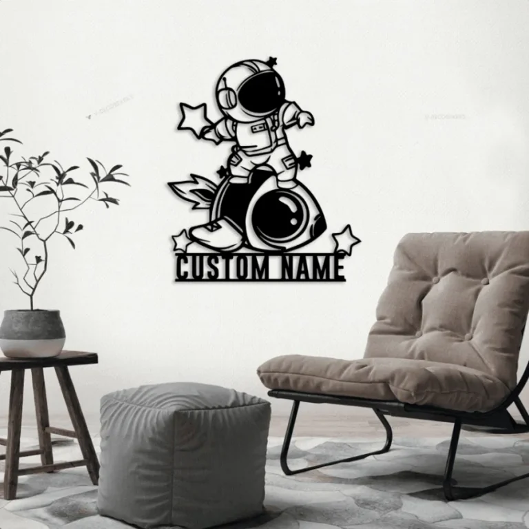 Custom Cute Space Astronaut Metal Sign Led Lights, Personalized Boy Riding A Rocket Name Sign Home Decor Spaceship Kid Nursery Decoration Copy