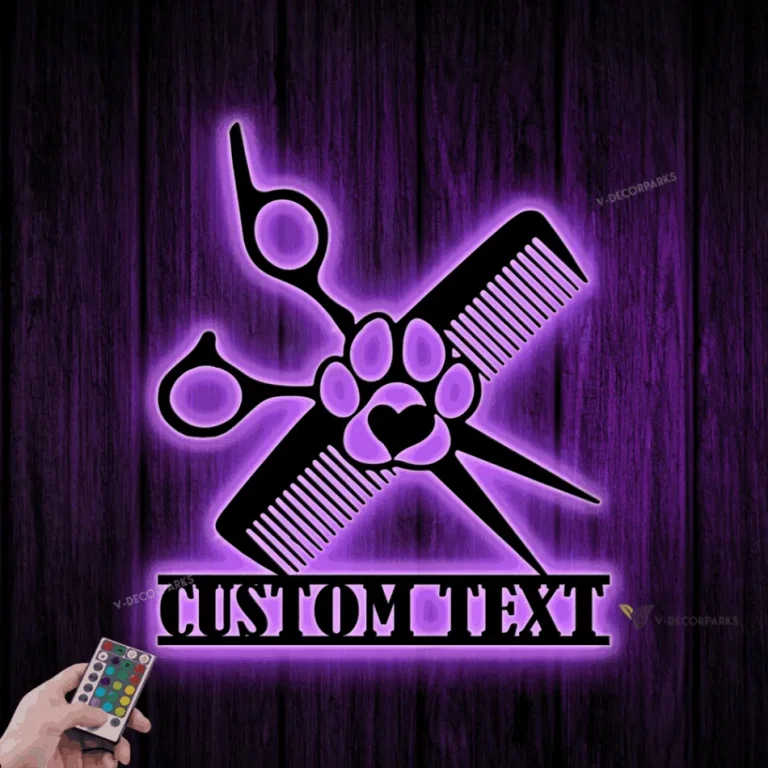 Custom Dog Grooming Hair Salon Metal Wall Art Led Light, Personalized Groomer Name Sign, Pet Grooming Decor, Pet Salon Sign