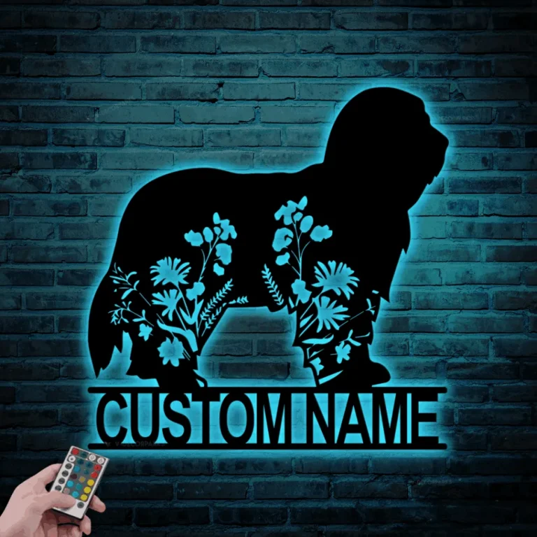 Custom Floral Bearded Collie Metal Sign Led Lights, Personalized Flower Dog Lover Name Sign Home Decor Pet Animal Decor Housewarming Xmas