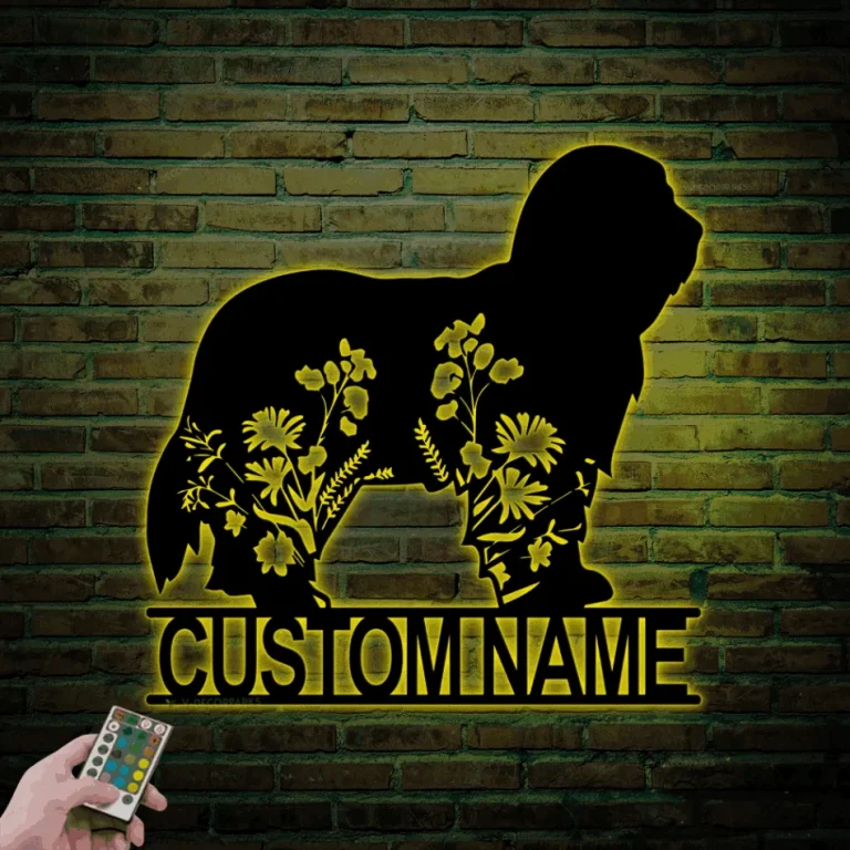 Custom Floral Bearded Collie Metal Sign Led Lights, Personalized Flower Dog Lover Name Sign Home Decor Pet Animal Decor Housewarming Xmas