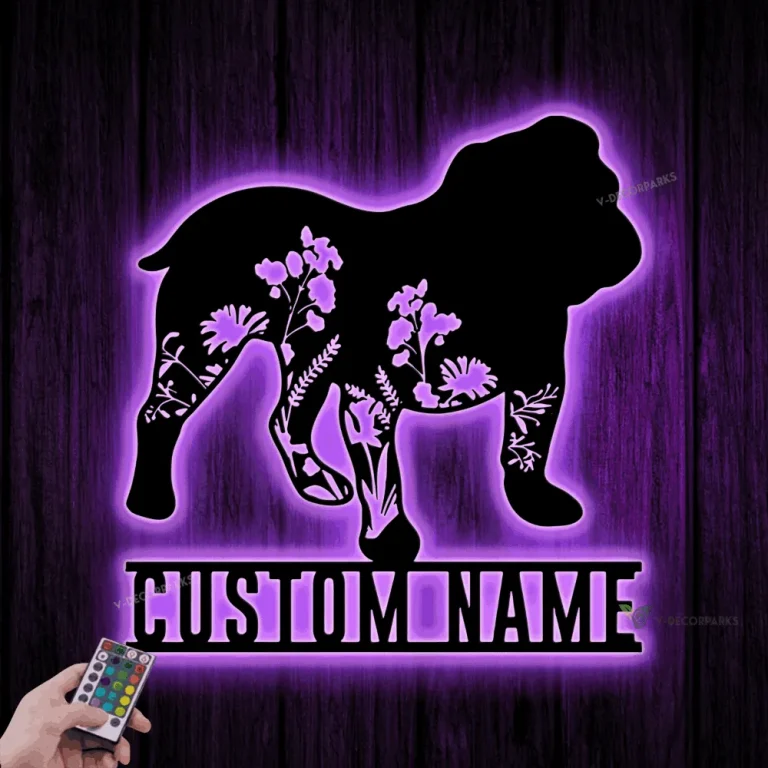 Custom Floral English Bulldog Metal Sign Led Light, English Bulldog Wall Art, Personalized Flower Dog Sign, Home Decor, Dog Owner Gift