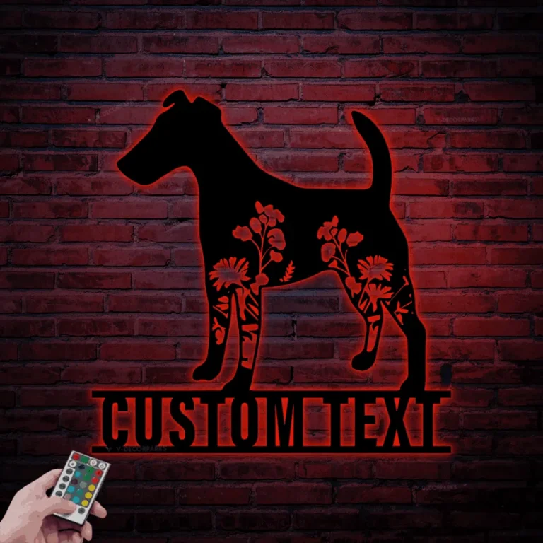 Custom Floral Smooth Fox Terrier Metal Sign Led Lights, Personalized Flower Dog Lover Name Sign Home Decor Pet Animal Decoration Birthday