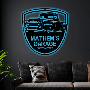 Custom Garage Sign With Led Lights, , Personalized Steel Home Wall Decor, Classic Pickup 3100 Custom Workshop Sign, Gift For Dad