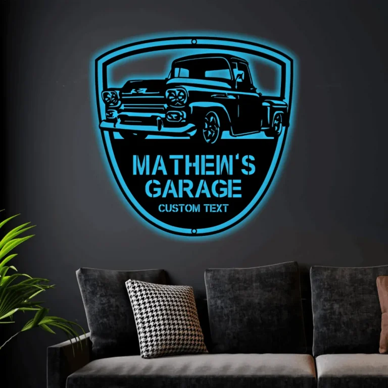 Custom Garage Sign With Led Lights, , Personalized Steel Home Wall Decor, Classic Pickup 3100 Custom Workshop Sign, Gift For Dad