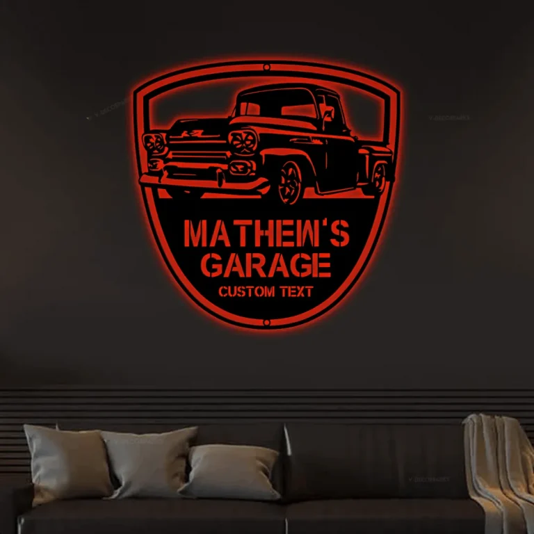 Custom Garage Sign With Led Lights, , Personalized Steel Home Wall Decor, Classic Pickup 3100 Custom Workshop Sign, Gift For Dad