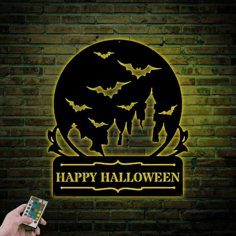 Custom Happy Halloween Sign With Led Lights, Personalized Halloween Metal Sign Halloween Castle Metal Wall Art Halloween Decor Outdoor Halloween Gifts