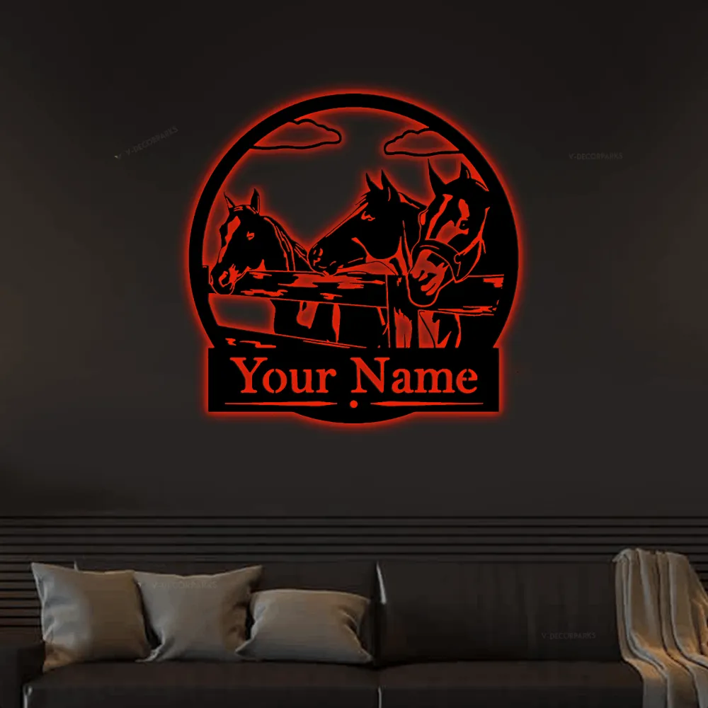 Custom Horses - Fence - Metal Led Lights Sign, Farm Decor, Barrel Racing Gift, Personalized Sign, Western, Farmhouse Style