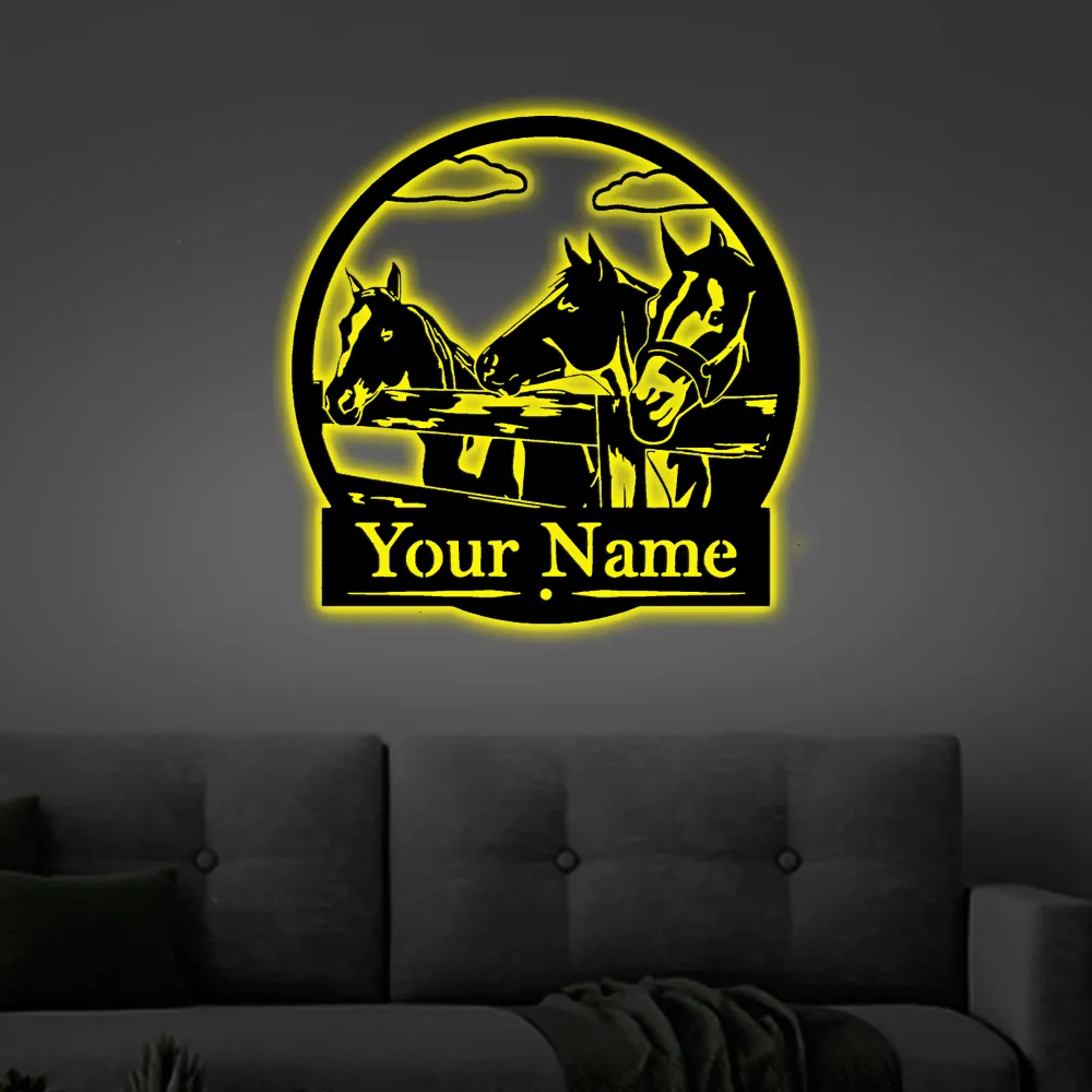 Custom Horses - Fence - Metal Led Lights Sign, Farm Decor, Barrel Racing Gift, Personalized Sign, Western, Farmhouse Style