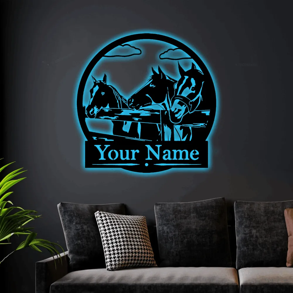 Custom Horses - Fence - Metal Led Lights Sign, Farm Decor, Barrel Racing Gift, Personalized Sign, Western, Farmhouse Style