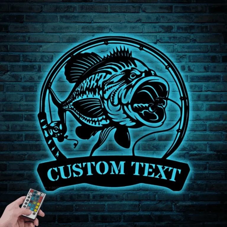 Custom Largemouth Bass Fishing Metal Sign Led Lights, Personalized Fisher Name Sign Home Decor Kid Boy Girl Nursery Decoration Birthday