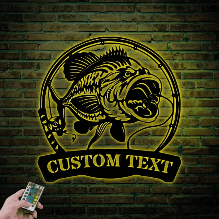 Custom Largemouth Bass Fishing Metal Sign Led Lights, Personalized Fisher Name Sign Home Decor Kid Boy Girl Nursery Decoration Birthday