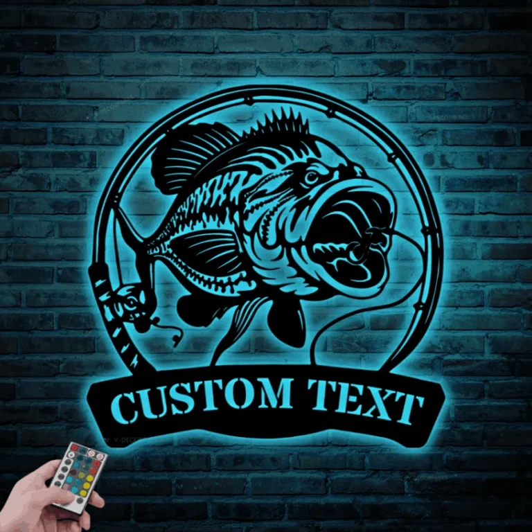 Custom Largemouth Bass Fishing Metal Sign Led Lights, Personalized Fisher Name Sign Home Decor Kid Boy Girl Nursery Decoration Birthday